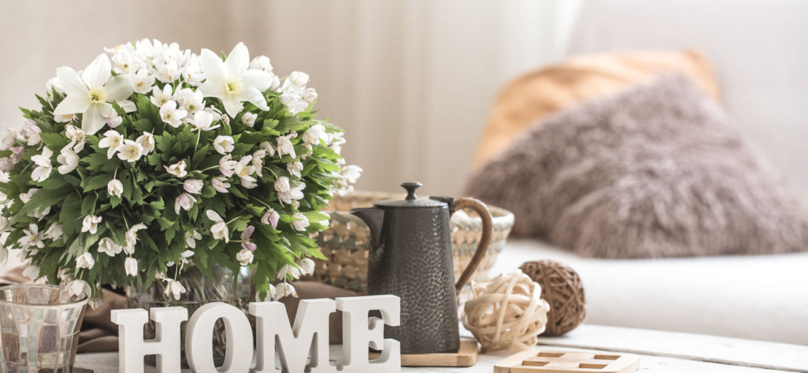 still life in the living room with wooden inscription home